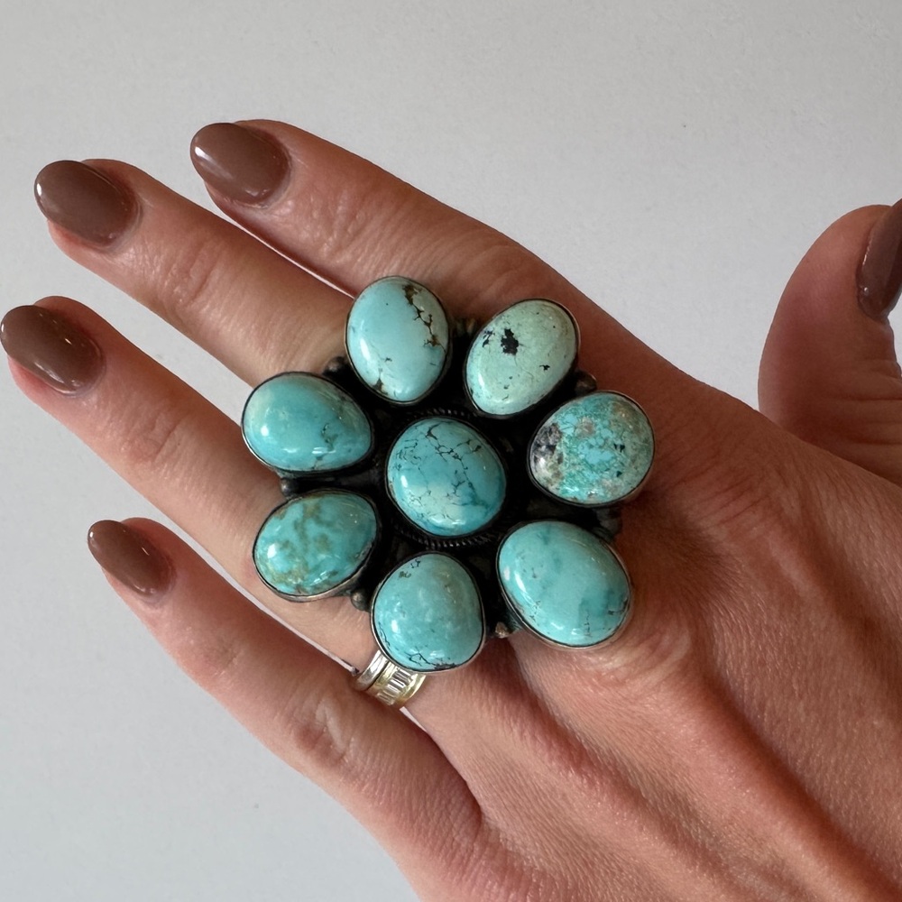 Kathleen Chavez Navajo Turquoise Cluster Ring in Sterling Silver Size 9